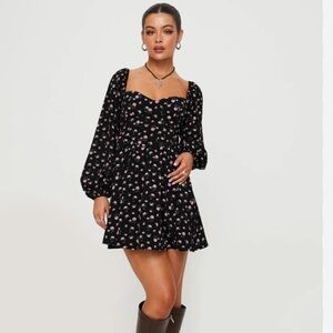 New Princess Polly Black Disty Floral Long Sleeve Smocked Boho Mini Dress Size 6